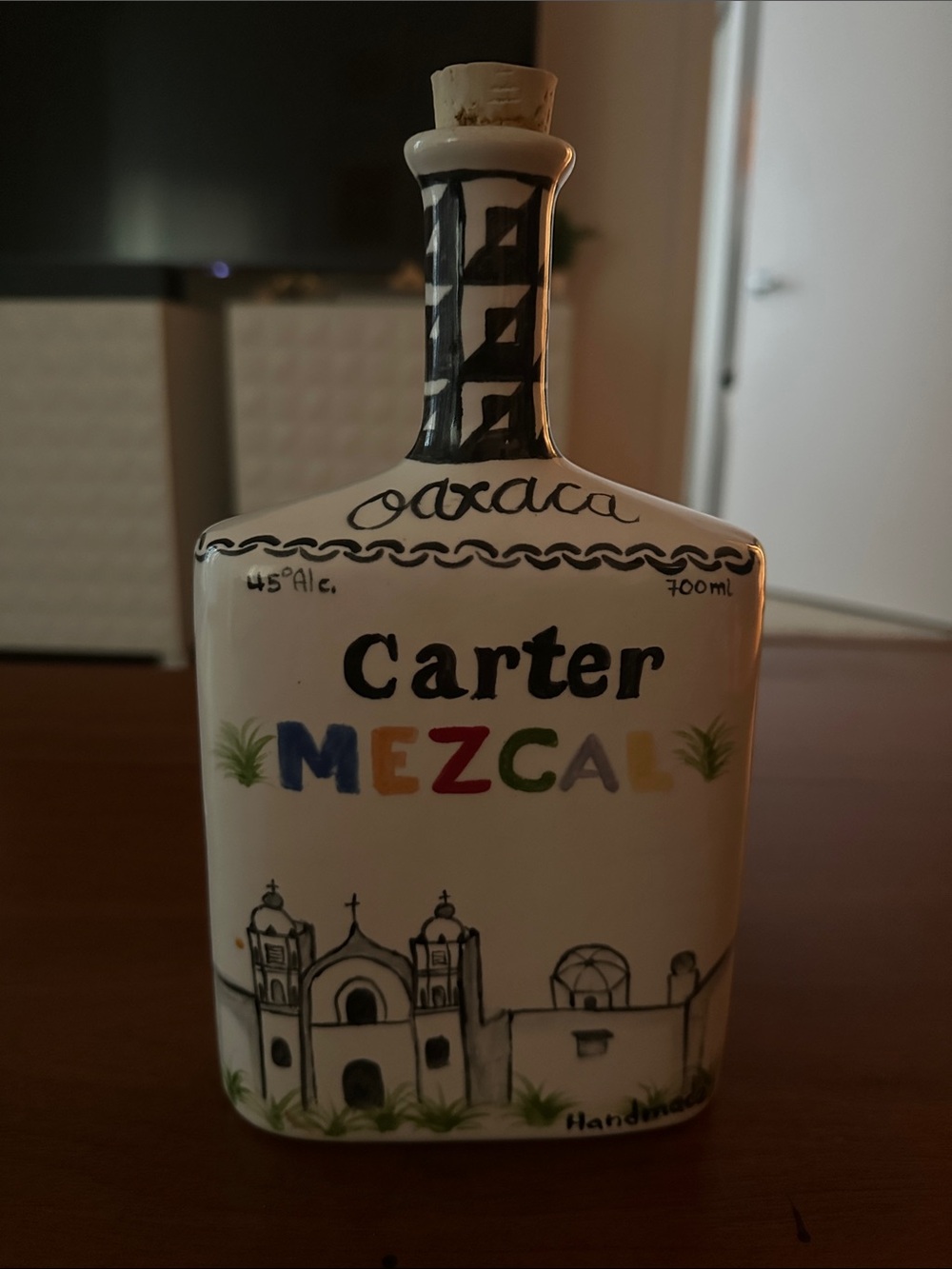 Handmade Ceramic Mezcal Bottle in White with Multicolor Lettering